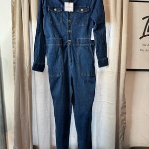 Dark Blue Denim Jumpsuit with Button-Up Front